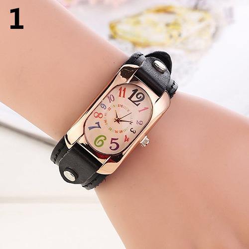 Women Fashion Casual Faux Leather Strap Oblong Case Quartz Wrist Watch - MRSLM