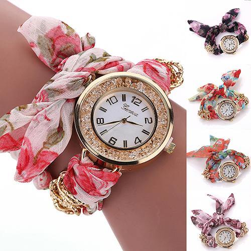 Fashion Geneva Lady Girl Flower Print Cloth Quartz Bracelet Dress Wrist Watch - MRSLM