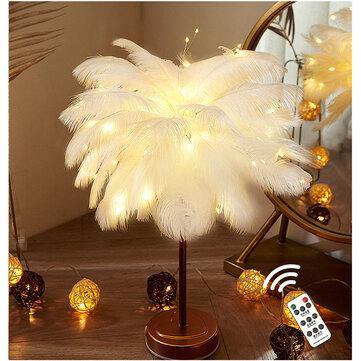 96LED Feather Desk Lamp Light Copper Modern Remote Control Lighting Bedside Lamp - MRSLM