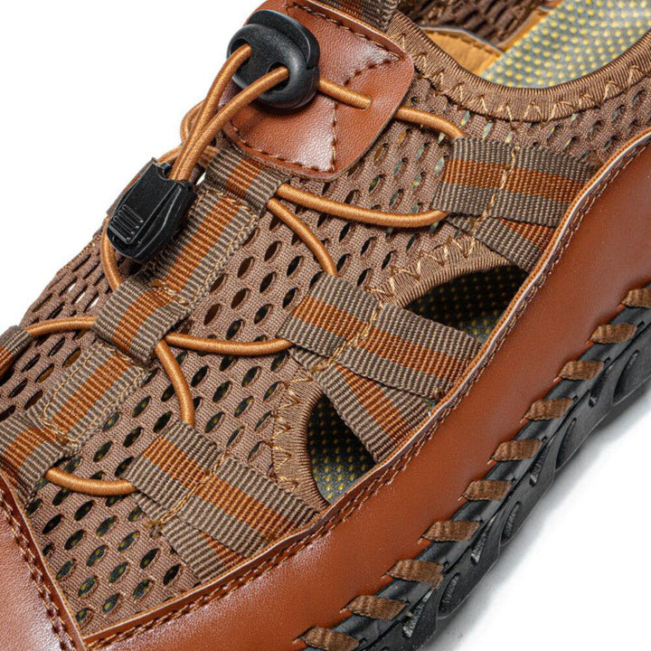 Men Cowhide Leather Hand Stitching Mesh Breathable Soft Bottom Casual Outdoor Sandals - MRSLM