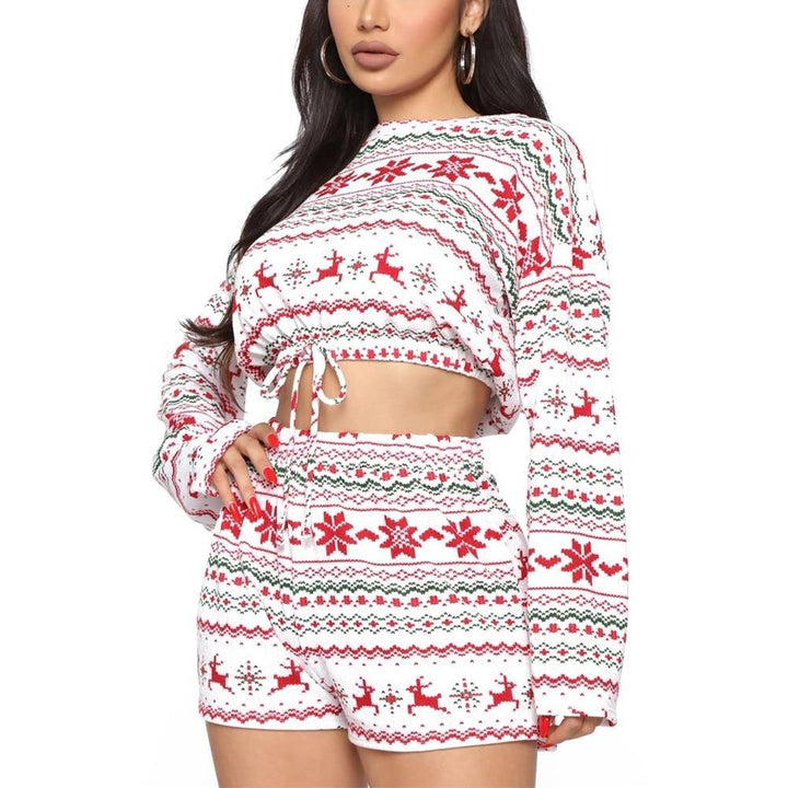 Women Christmas Pajama Sets Long Sleeve Crop Top Shorts 2Pcs - MRSLM