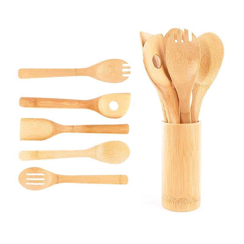 Bamboo Spatula Set with Square Holder Eco-Friendly with Ergonomic Handle Kitchen Utensil - MRSLM