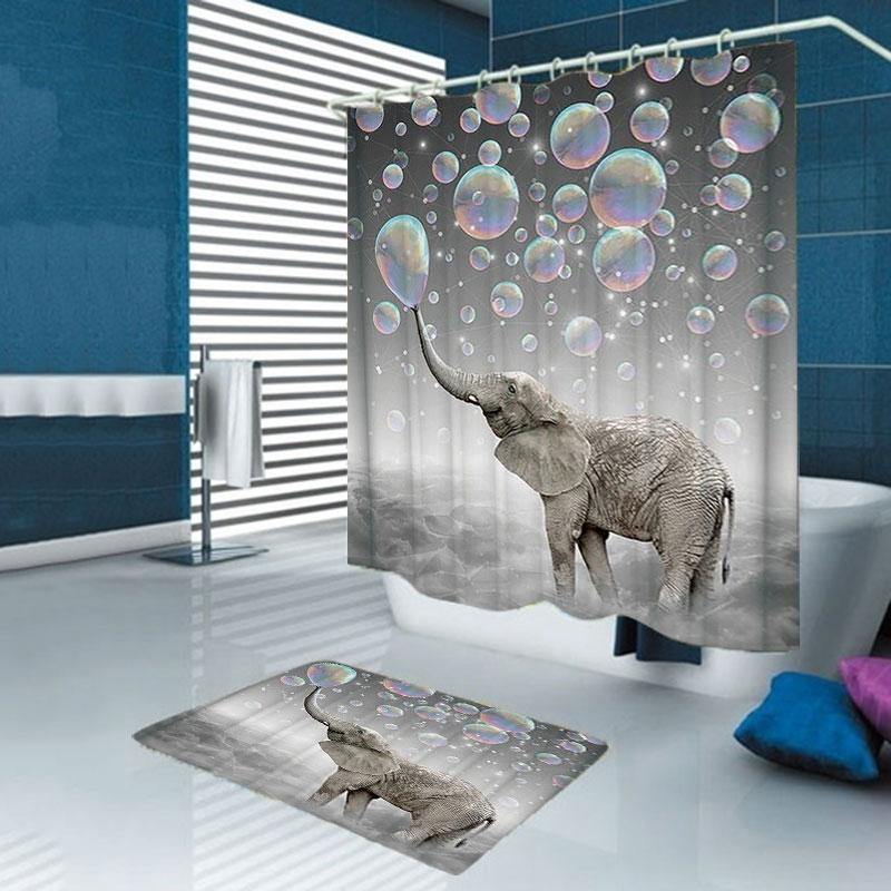 3D Printing Bubbles Elephant Waterproof Bathroom Shower Curtain Toilet Cover Mat Non-Slip Floor Mat Rug Set - MRSLM