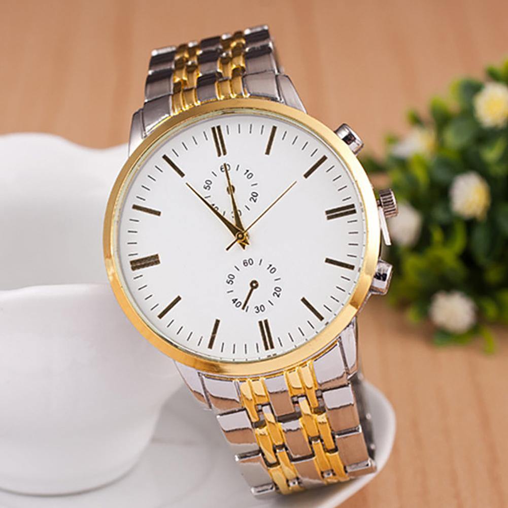 Men Business Big Round Simple Dial Stainless Steel Analog Quartz Wrist Watch - MRSLM