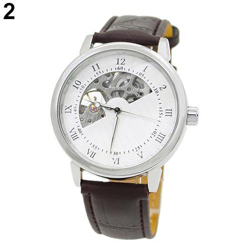 Men's Mechanical Hollow Dial Faux Leather Band Arabic Numerals Wrist Watch - MRSLM