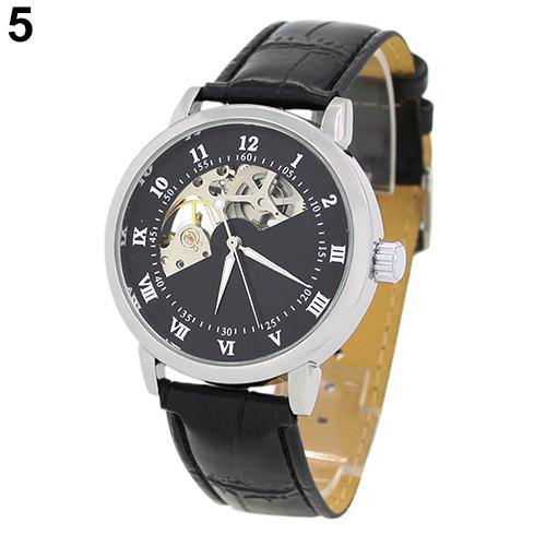 Men's Mechanical Hollow Dial Faux Leather Band Arabic Numerals Wrist Watch - MRSLM