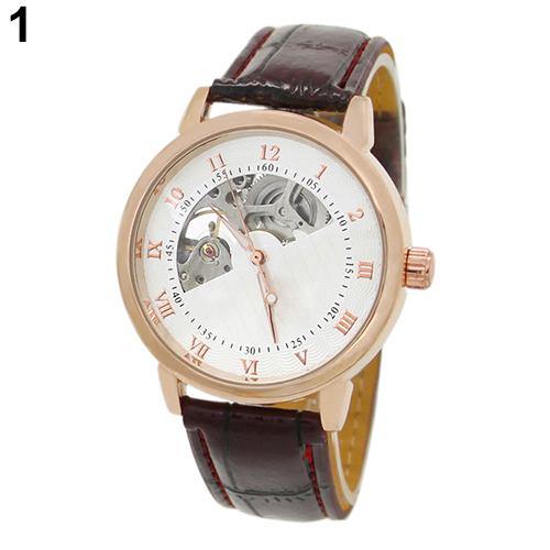 Men's Mechanical Hollow Dial Faux Leather Band Arabic Numerals Wrist Watch - MRSLM