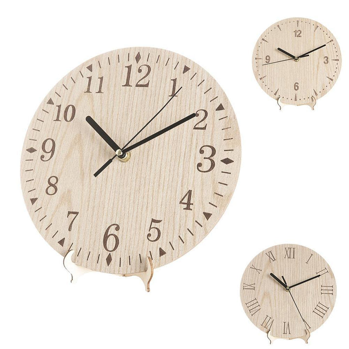 Retro Round Numbers Wooden Desktop Analog Clock Living Room Bedroom Home Decor - MRSLM