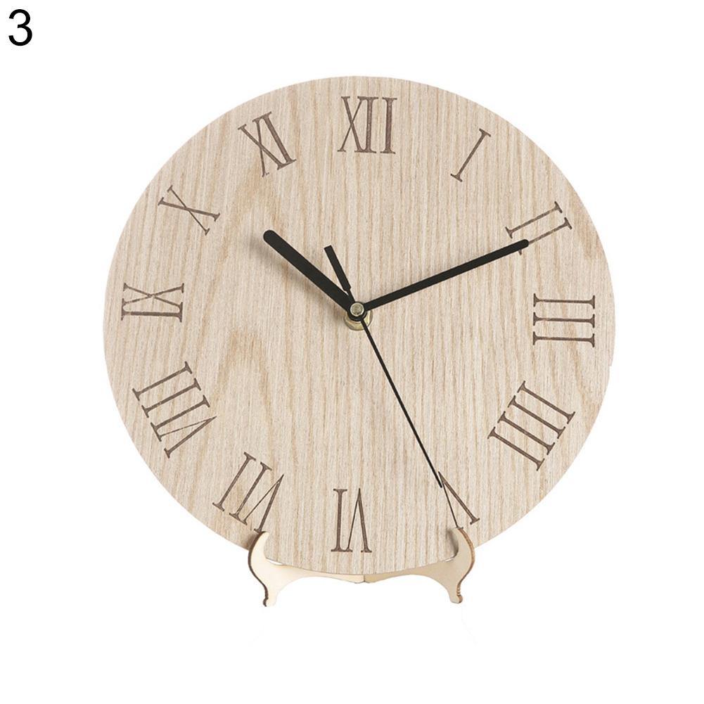 Retro Round Numbers Wooden Desktop Analog Clock Living Room Bedroom Home Decor - MRSLM