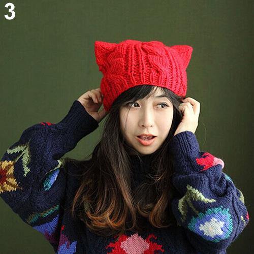 Women's Winter Fashion Lovely Cat Ear Crochet Knitted Ski Woolen Cap Beanie Hat - MRSLM