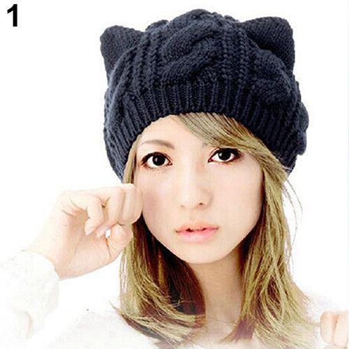 Women's Winter Fashion Lovely Cat Ear Crochet Knitted Ski Woolen Cap Beanie Hat - MRSLM