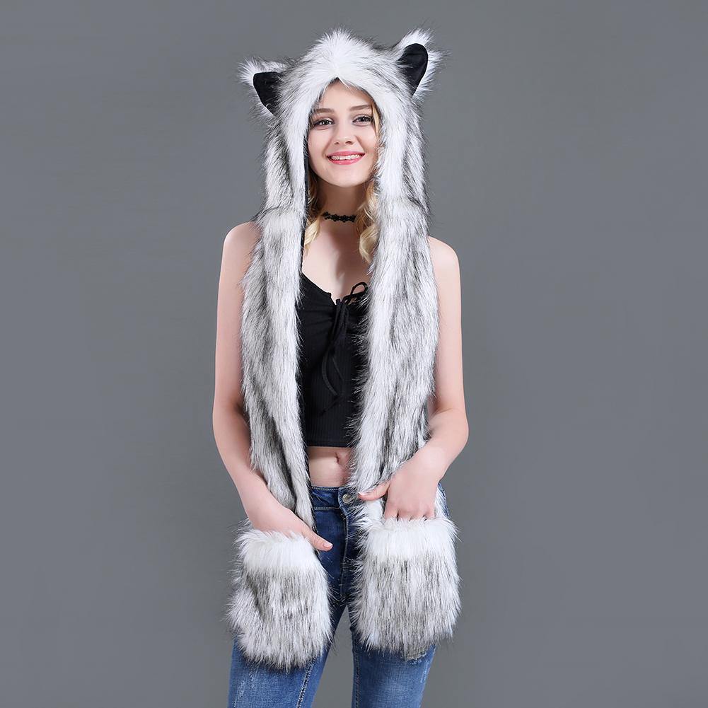 Women Winter Cartoon Wolf Hood Hat with Scarves Mittens Ears Paws Warm Outwear - MRSLM