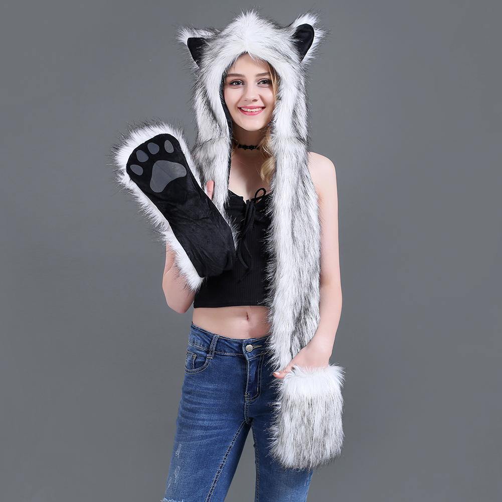 Women Winter Cartoon Wolf Hood Hat with Scarves Mittens Ears Paws Warm Outwear - MRSLM