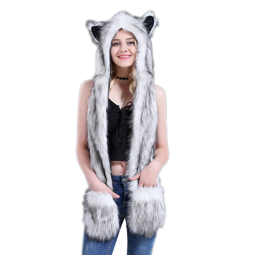 Women Winter Cartoon Wolf Hood Hat with Scarves Mittens Ears Paws Warm Outwear - MRSLM