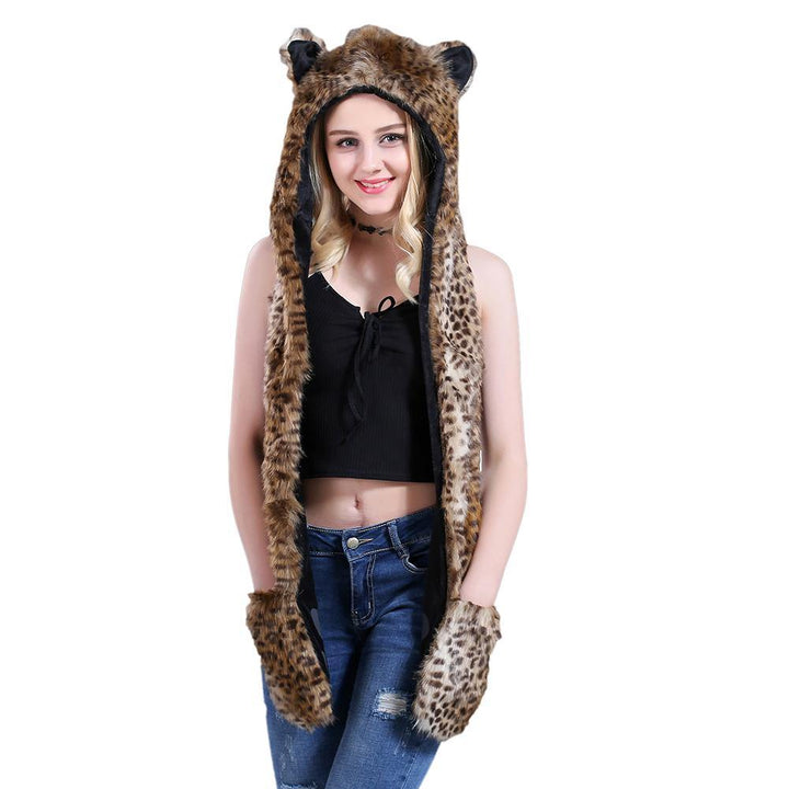 Women Winter Cartoon Wolf Hood Hat with Scarves Mittens Ears Paws Warm Outwear - MRSLM