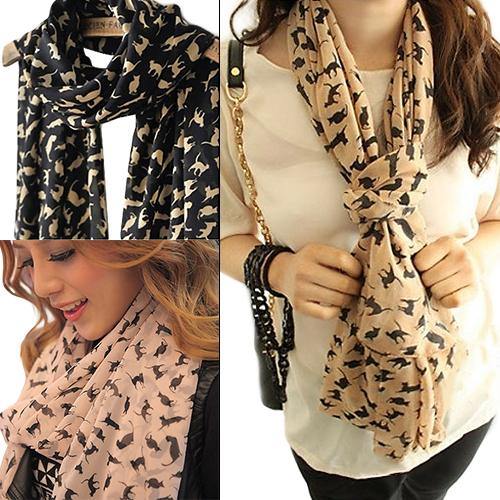 Women's Chiffon Sweet Cat Kitten Scarf Shawl Long Scarf Girls Xmas Gift - MRSLM