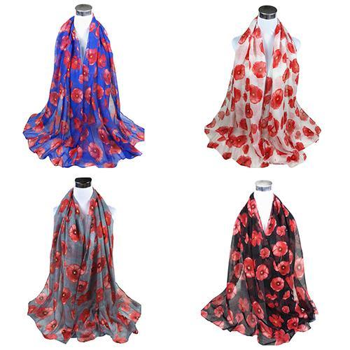 Women's Fashion Sexy Poppy Flowers Print Chiffon Comfortable Shawl Long Scarf - MRSLM