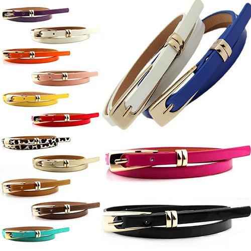 Women's Fashion Candy Color Faux Leather Buckle Skinny Belt Thin Waistband Sash - MRSLM