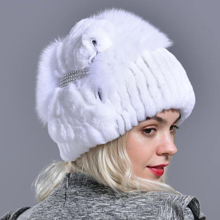 winter warm hats women natural rabbit fur thick diamond fashionable stylish girls outdoor hat accessory white snow caps - MRSLM