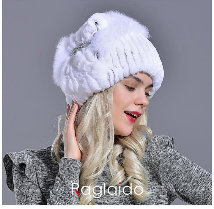 winter warm hats women natural rabbit fur thick diamond fashionable stylish girls outdoor hat accessory white snow caps - MRSLM