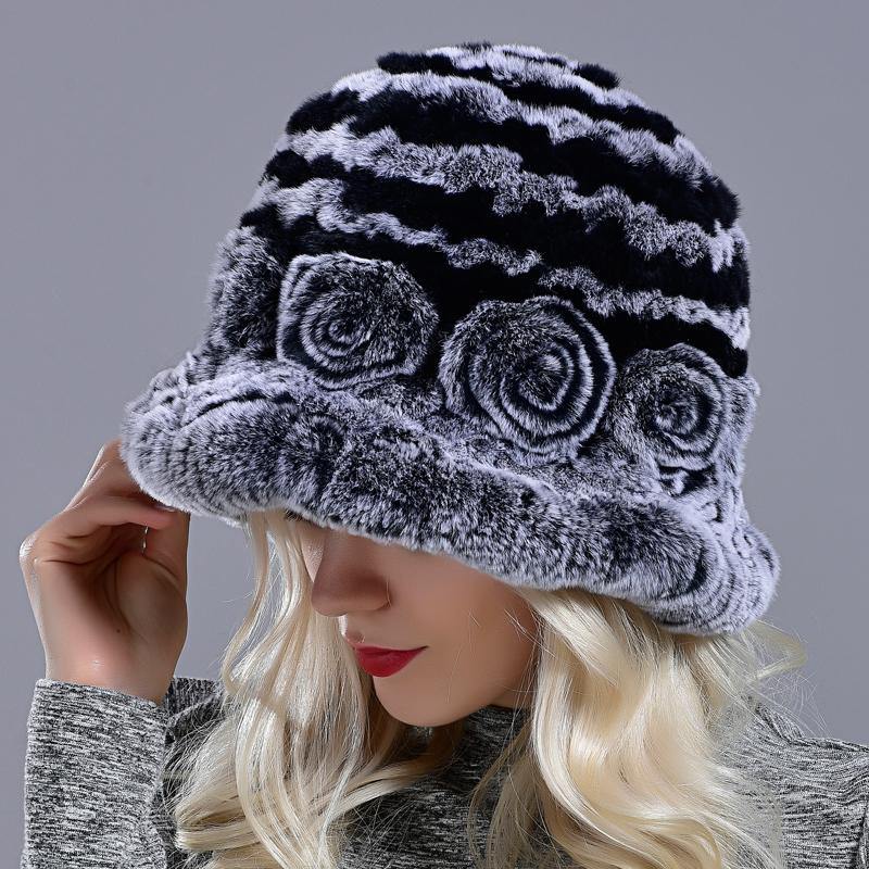 Bucket hats for women winter rabbit fur hat causal warm knitted caps for girls female fashion outdoor large ladies volume hats - MRSLM