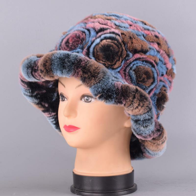 Bucket hats for women winter rabbit fur hat causal warm knitted caps for girls female fashion outdoor large ladies volume hats - MRSLM