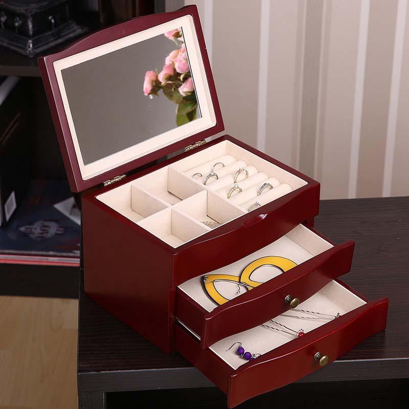 Wooden Jewelry Box with Mirror Three Floors Make-up Box Jewelry Dressing Box - MRSLM