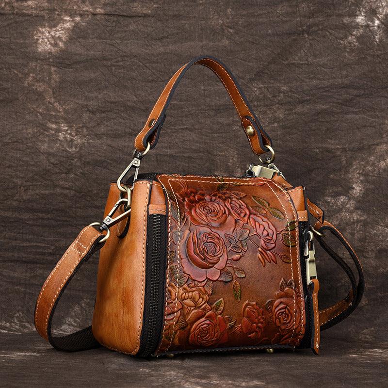 Fashionable Leather Vintage hand embossed handbag with shoulder inclined water bucket - MRSLM