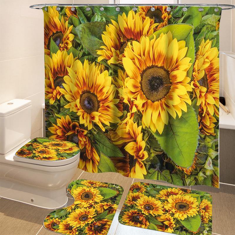 1/3/4Pcs Waterproof and Mildew proof Sunflower printed Shower Curtain Bathroom Toilet Rug Mat Set - MRSLM