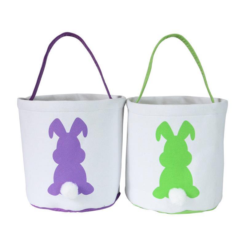 Happy Easter Burlap Bunny Ears Bags Easter Basket Canvas Bunny Buckets Easter Tote Bags with Rabbit Tail Kids Gift - MRSLM