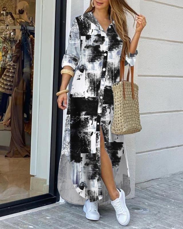 Long Shirt Dress With Irregular Hem With Positioning Printing - MRSLM