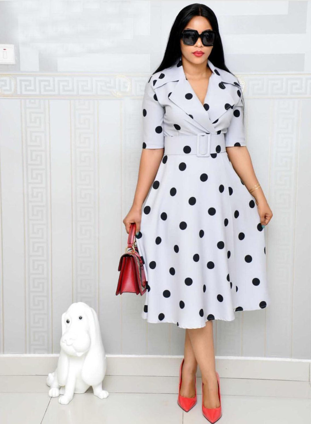 Dress Suit Collar Dots with Belt Large Size - MRSLM