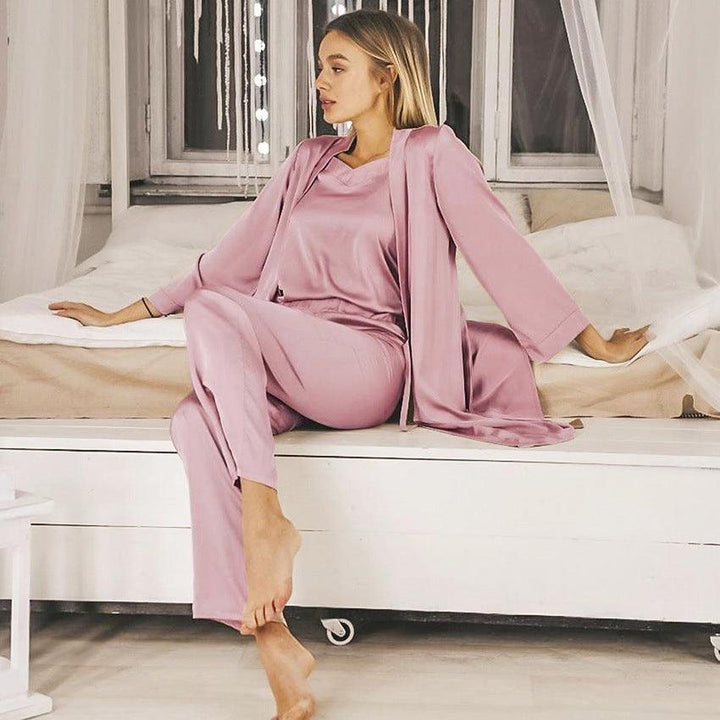 Satin Pink Simple Pajamas Suit Women Night Gown Pajamas Simulation Silk Home Service - MRSLM