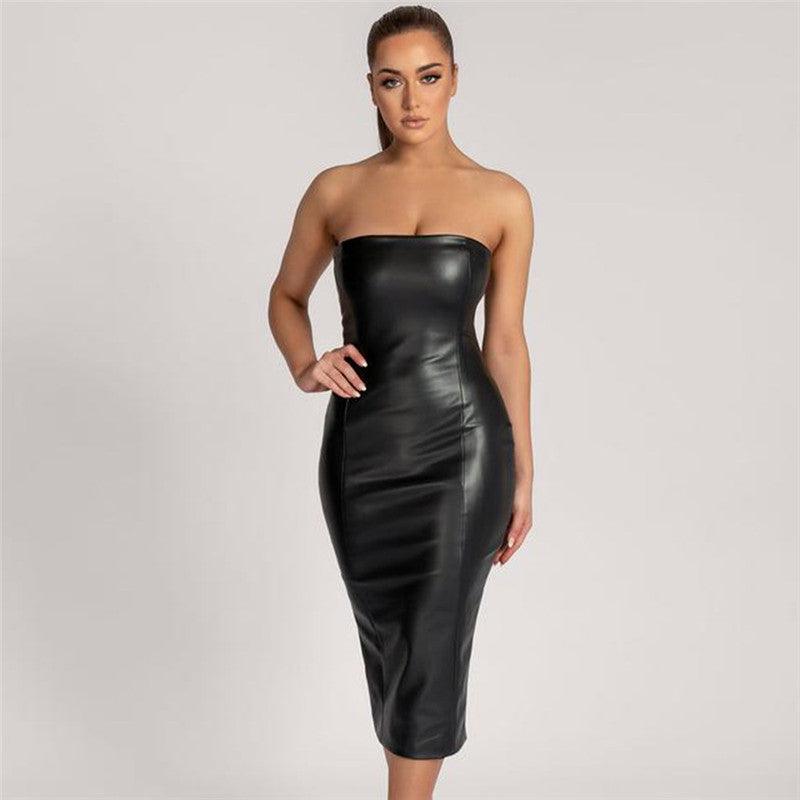 Pure Color PU Leather Temperament Slim Tube Top With Rear Slit - MRSLM