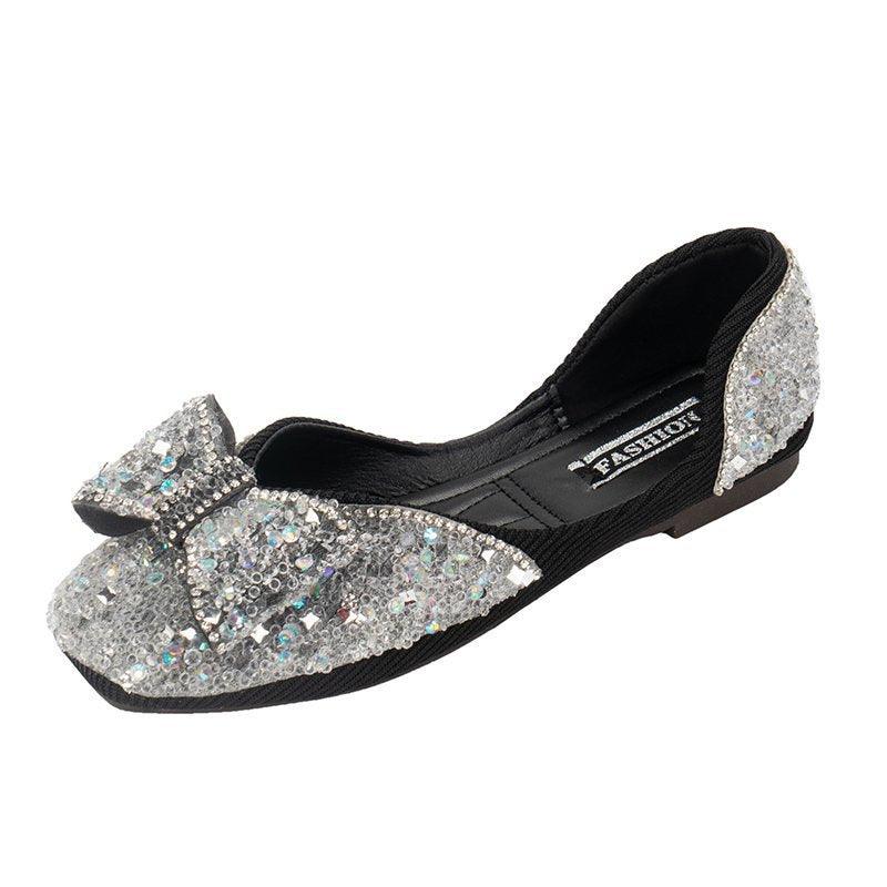 Square Toe Rhinestone Bow Flat Shoes - MRSLM