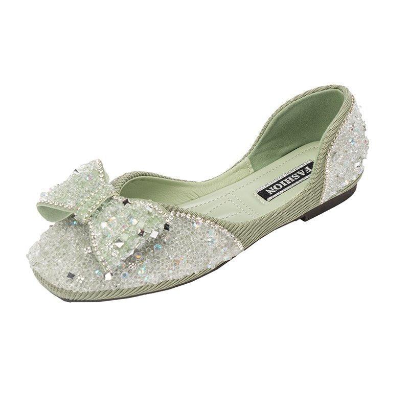 Square Toe Rhinestone Bow Flat Shoes - MRSLM