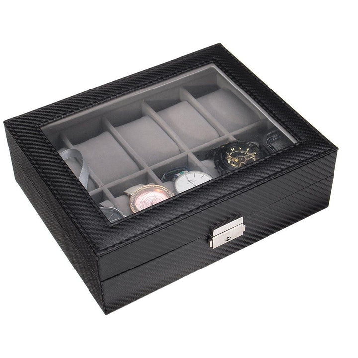 Leather Watch Jewelry Display Storage Holder Case 10 Grids Box Desktop Organizer - MRSLM