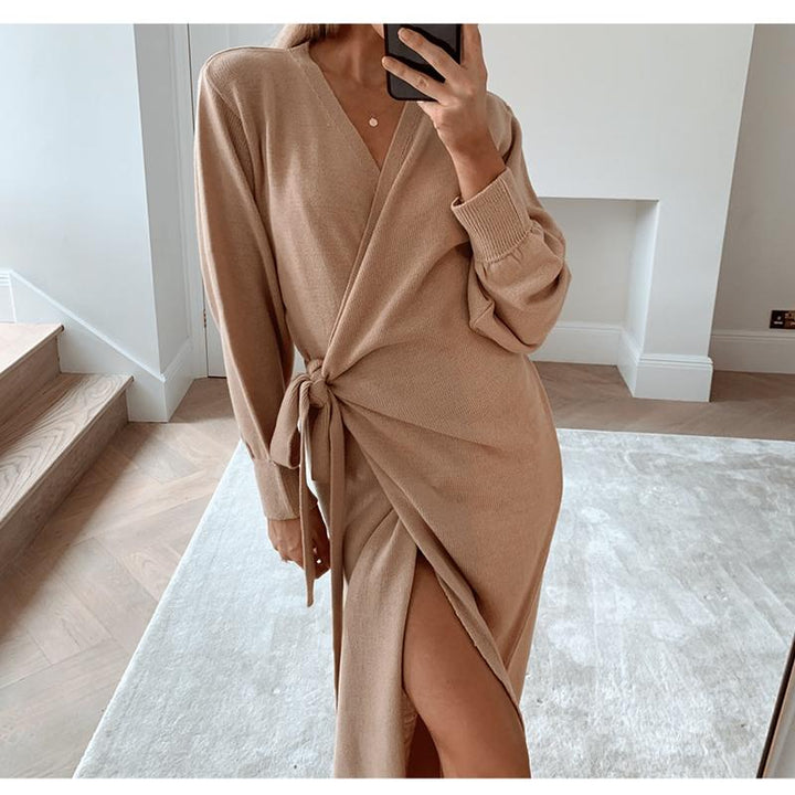 Knitted Women's Wrap Dress with V-Neck