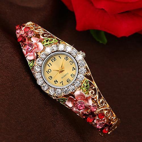 Women's Beautiful Flower Band Hollow Out Bangle Crystal Quartz Bracelet Watch Jewelry - MRSLM