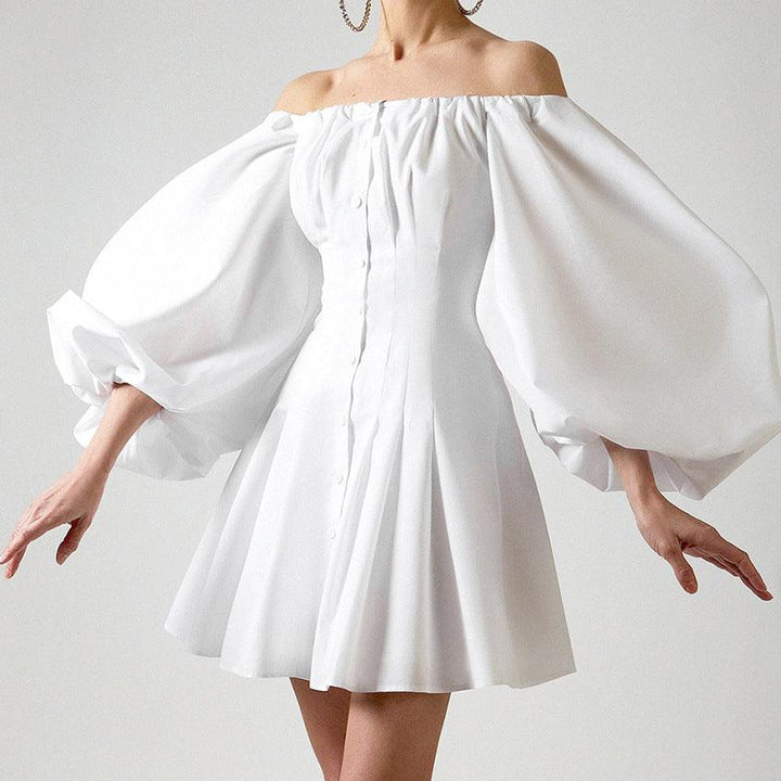 Puff sleeve one-shoulder dress slim solid color skirt - MRSLM
