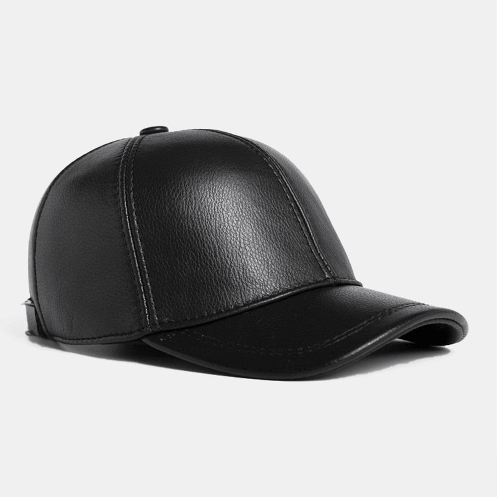 Men Genuine Cowhide Leather Adjustable Baseball Cap Outdoor Protect Ear Winter Warm for Elderly Father - MRSLM