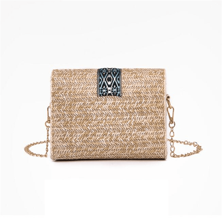 Women Summer Beach Straw Bag Bohemian Crossbody Messenger Shoulder Chain Bag - MRSLM