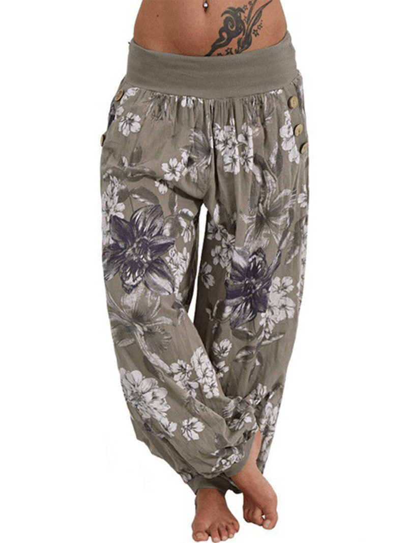 Women Casual Loose Floral Print Button Full Length Pants - MRSLM