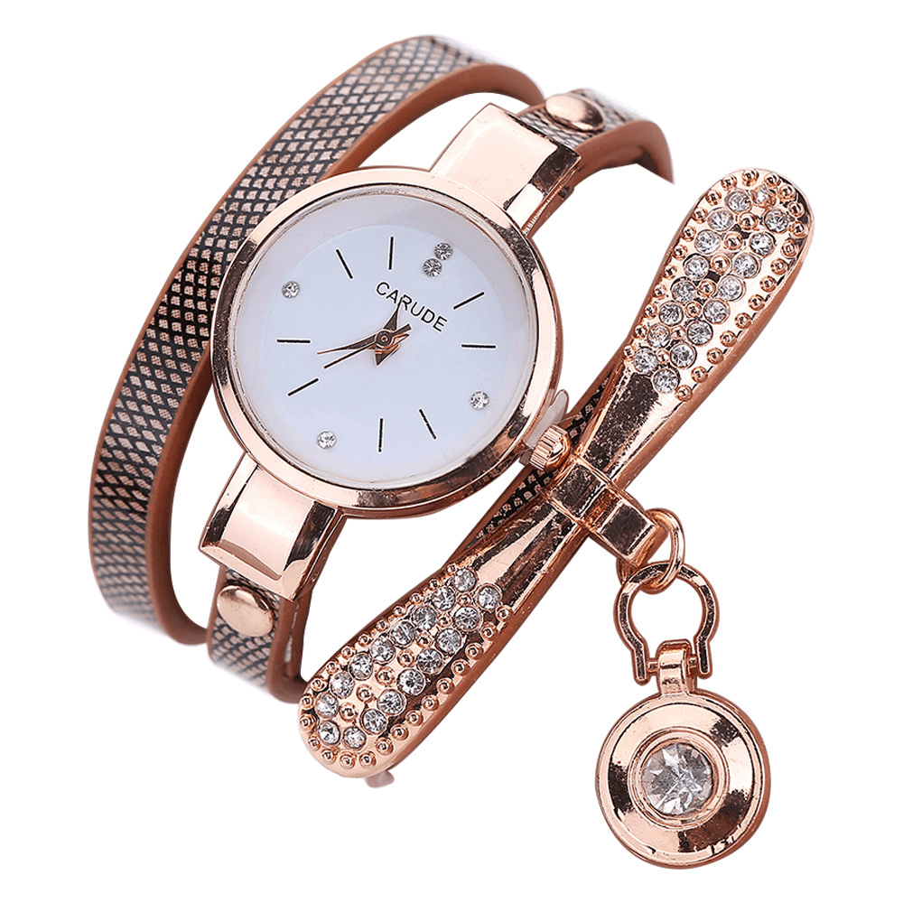 Retro Pu Strap Multi-Layer Lady Watch Metal Geometric Rhinestone Bow Pendant Women Quartz Watch - MRSLM