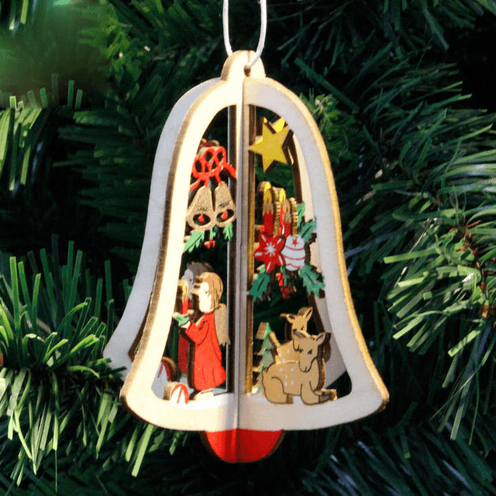 Christmas 3D Wooden Pendant Star Bell Tree Hang Ornaments Home Party Decorations Kids Gifts - MRSLM