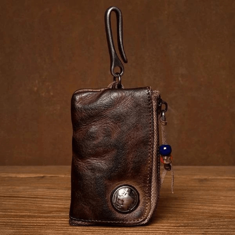 Men Genuine Leather Vinatge Car Key Wallet Texture Wear-Resistang Key Case Coin Purse - MRSLM