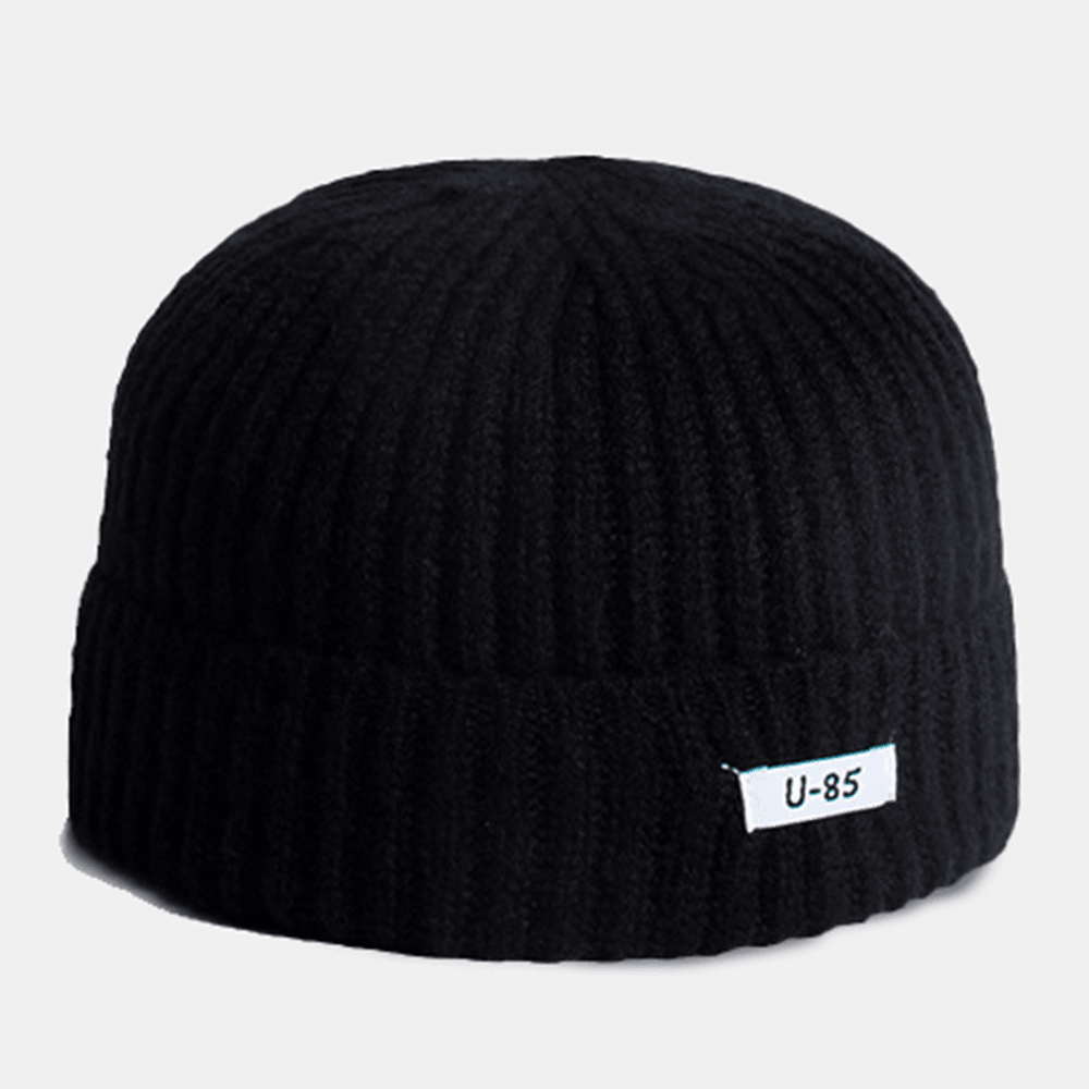 Unisex Acrylic Knitted Solid Color Cloth Label Dome All-Match Brimless Beanie Landlord Cap Skull Cap - MRSLM