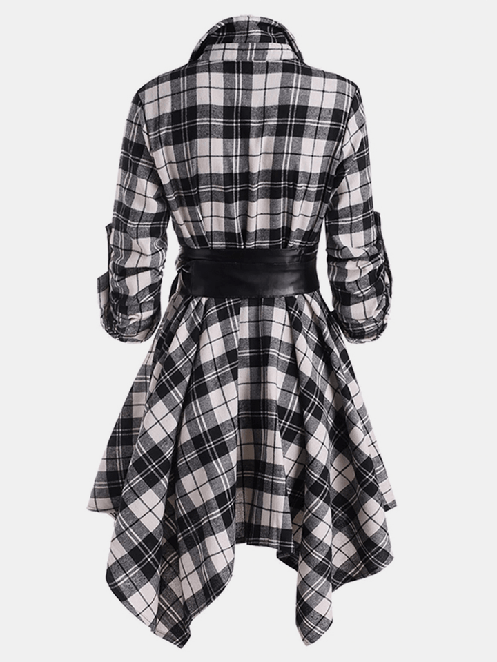 Women Classic Plaid Asymmetrical Shirt Dress with Belt - MRSLM