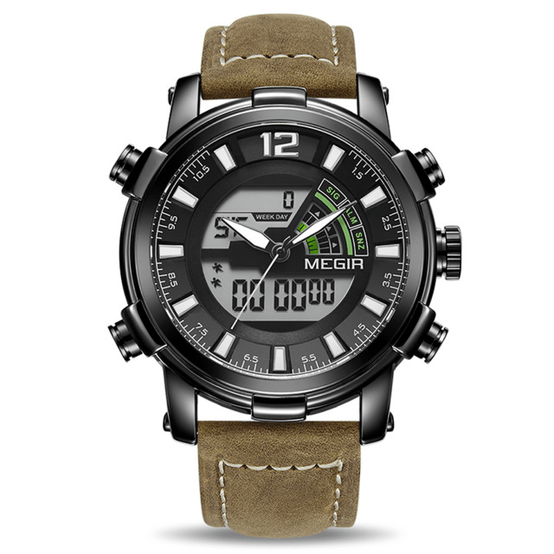 MEGIR 2089 Military Sport Style LED Chronograph Luminous Dual Display Digital Watch Leather Men Wrist Watch - MRSLM