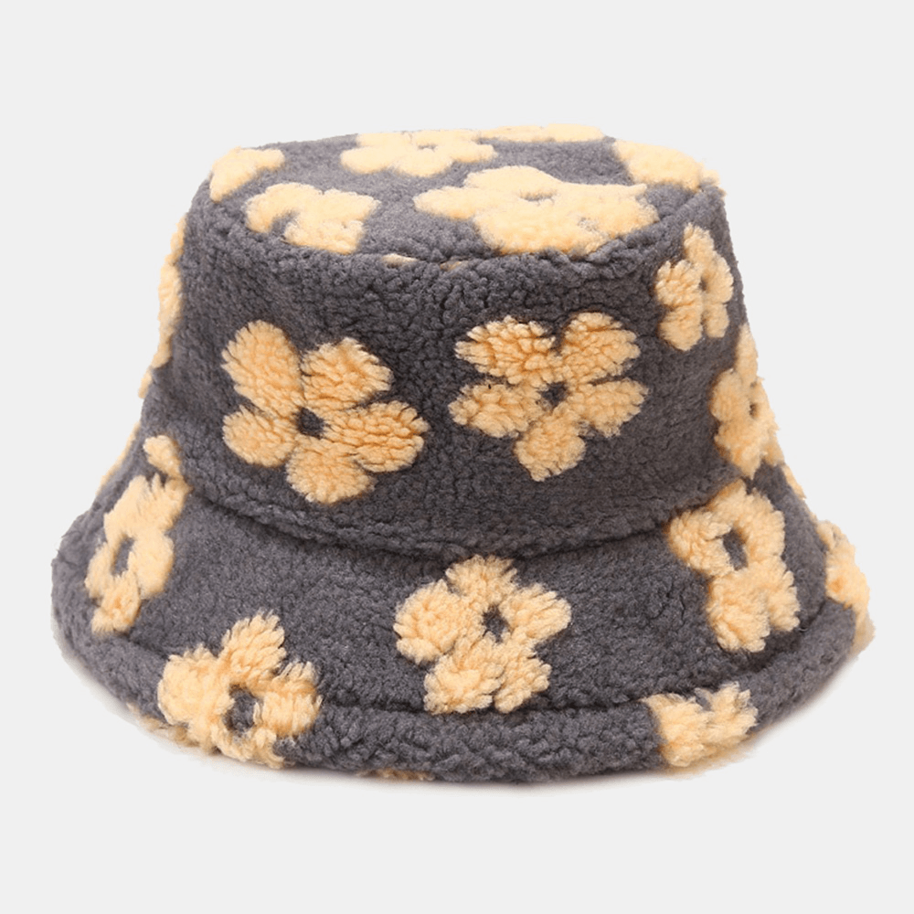 Unisex Floral Pattern Autumn Winter Outdoor Lambswool Warmth Sunshade Bucket Hat - MRSLM